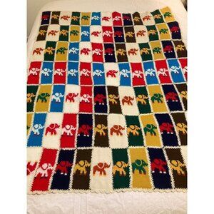Rare Style Vintage Kids Knit Sweater Crocheted Elephant Blanket Multicolored 47‎